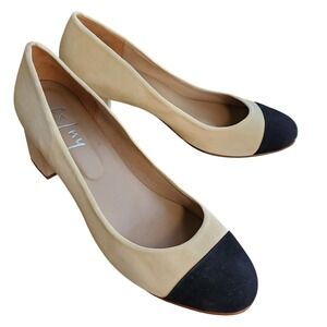 FS/NY French Sole New York Suede Cap Toe Block Heel Pumps Cream Black Size 10 B